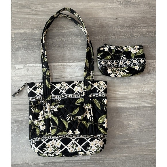Vera Bradley Handbags - Retired Vera Bradley Black Jasmine Floral Quilted Medium Tote & Makeup Bag EUC